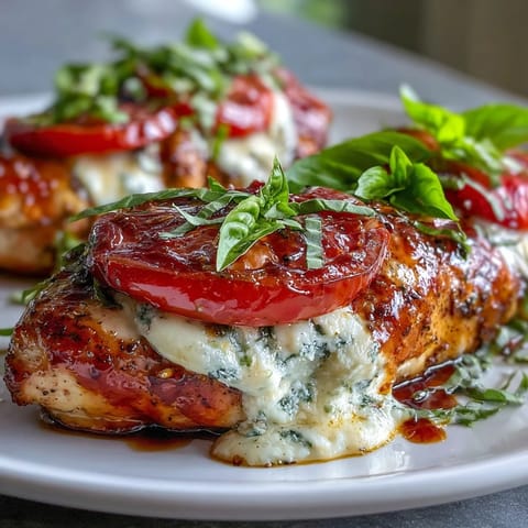 Juicy chicken breasts filled with creamy mozzarella, juicy tomatoes, and fragrant basil, oven-baked and finished with tangy balsamic glaze.