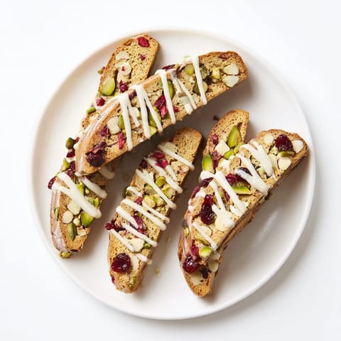 White chocolate cranberry pistachio biscotti, crisp and golden with visible nuts and fruit for a festive treat.