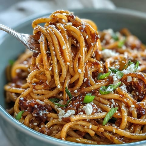 Spicy Gochujang Butter Pasta coated in a glossy red sauce, garnished with green onions and sesame seeds.