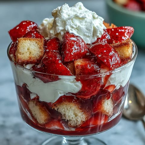 Strawberry Shortcake Trifle showcases juicy berries, airy cream, and soft cake in an elegant glass dessert.