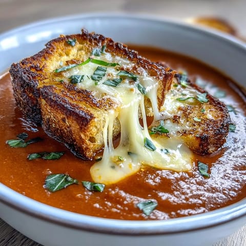 Creamy Tomato Basil Soup with Grilled Cheese Croutons in a white bowl, garnished with fresh basil and golden cheese croutons.