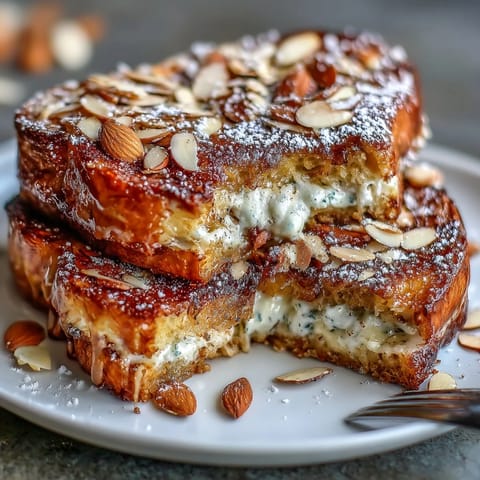 Almond Croissant French Toast with golden brioche, luscious almond cream, and toasted almonds, served with a dusting of powdered sugar.