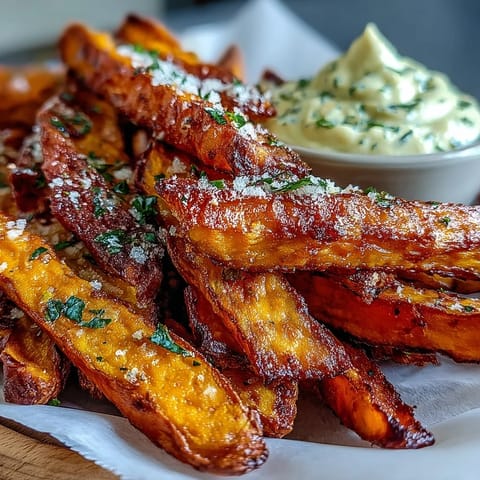 Golden, seasoned air fryer sweet potato fries ready for dipping in zesty aioli.