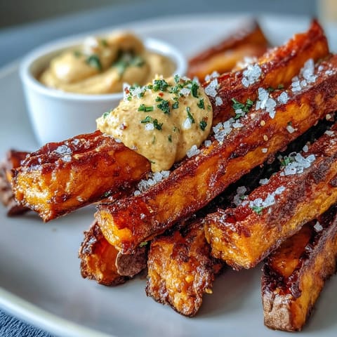 Crispy air fryer sweet potato fries with creamy chipotle aioli are a perfect appetizer.