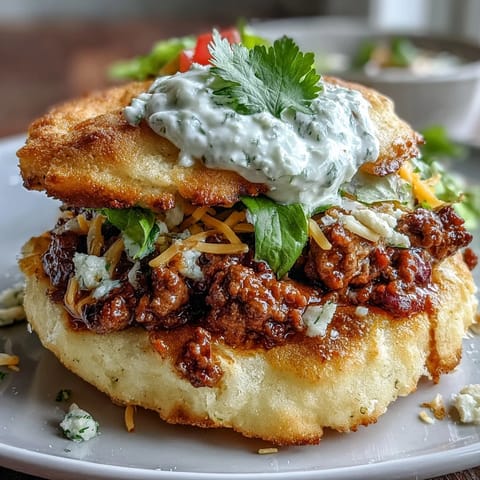 Delicious cloud bread tacos holding seasoned ground beef, ready for your favorite fillings.