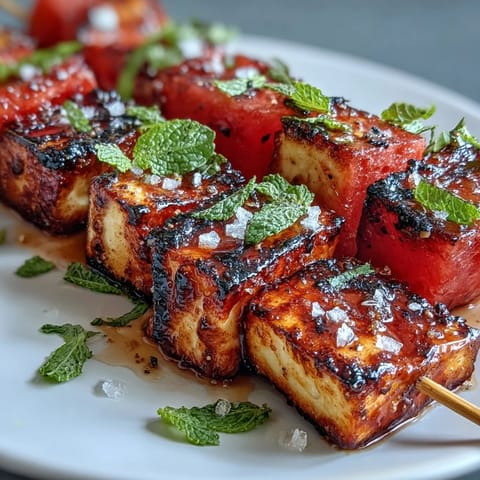 Grilled Halloumi Watermelon Skewers with mint look refreshingly vibrant.