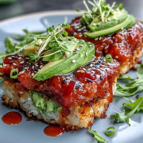 Spicy Tuna Crispy Rice Bites: Golden fried rice topped with vibrant, creamy spicy tuna.