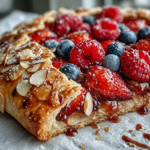 Rustic Summer Berry Galette with golden almond crust, brimming with jammy fruit.