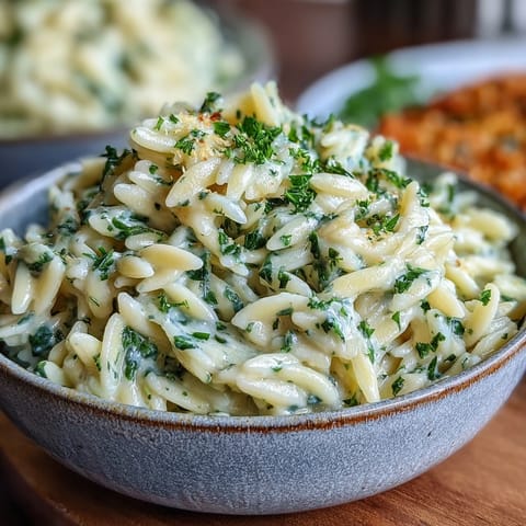 Tender orzo pasta coated in rich, aromatic herb butter, perfect as an easy side.