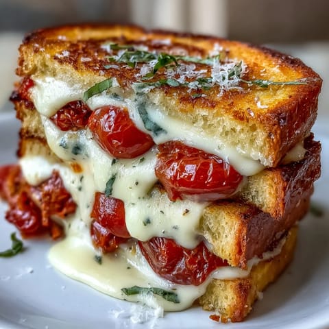 Close-up of a golden Pizza Margherita Grilled Cheese, oozing melted mozzarella and fresh basil.