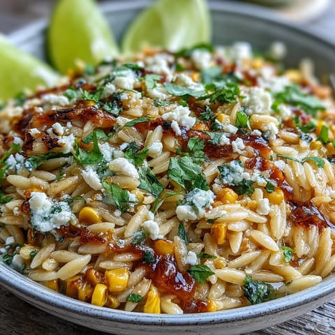 Creamy Mexican Street Corn Orzo bursting with charred corn, cotija, and lime.