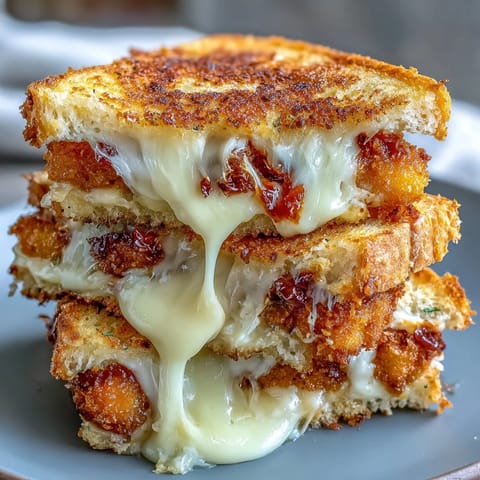 Crispy mozzarella stick grilled cheese sandwich oozing with melted cheese, perfect comfort food.