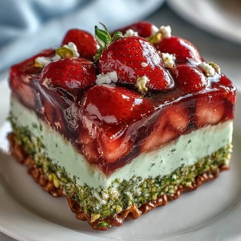 Pistachio Strawberry Pretzel Jello Salad: vibrant layers of creamy pistachio, fresh strawberries, and sweet gelatin.