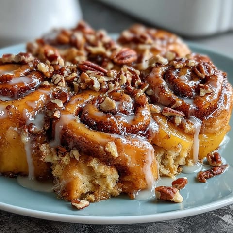 Gooey Peach Cobbler Cinnamon Roll Casserole with drizzled icing and pecans.