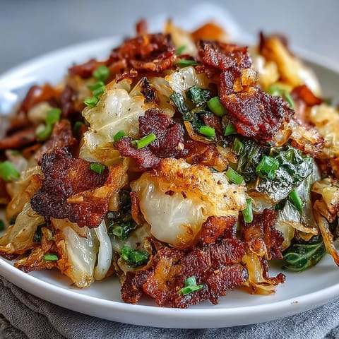 Golden fried cabbage with crispy bacon and sweet onions, a Southern delight.