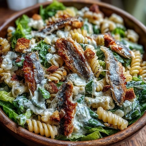 Freshly tossed Sardine Caesar Pasta Salad featuring tender pasta and savory fish.