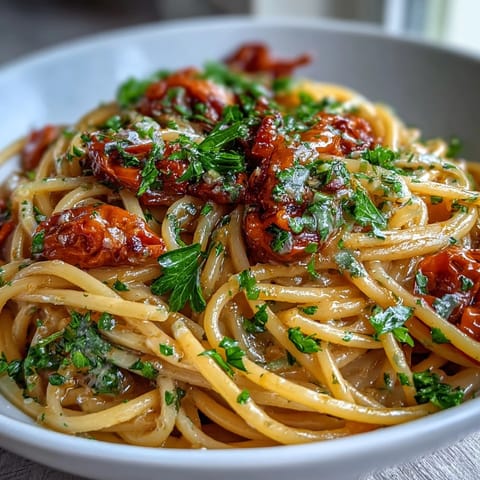 Silky Smoky Anchovy Tomato Butter Pasta, glistening with warm sauce and fresh parsley.