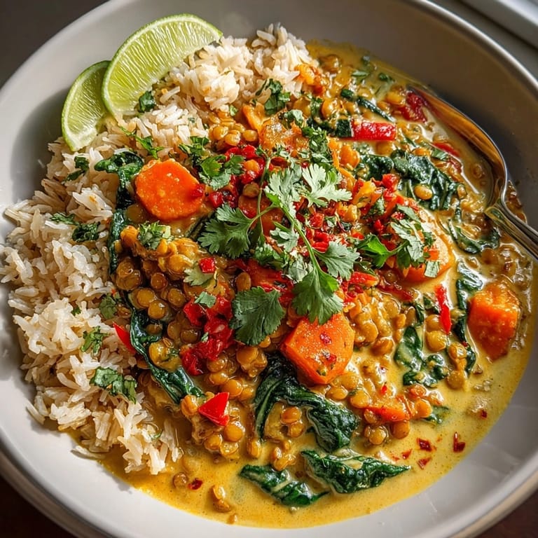 A vibrant bowl of hearty lentil and vegetable curry with creamy coconut sauce and naan.