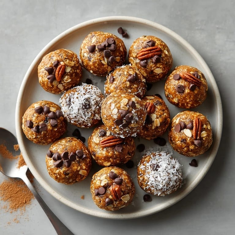 Close-up of No-Bake Pumpkin Spice Energy Bites bursting with pecans, chocolate chips, and autumn flavors.