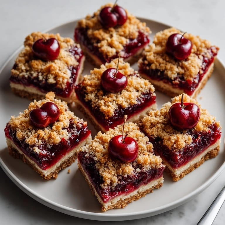 Buttery crumble topping covers the juicy cherry filling in these inviting Cherry-Coded Sour Cherry Oat Crumble Bars.