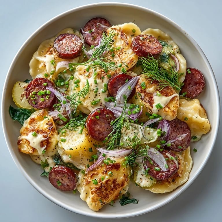 Enjoy the flavorful description of the Pickle-Fix Dill Pickle Potato Pierogi Skillet, featuring sausage and pierogi mingling with tangy pickle coins.
