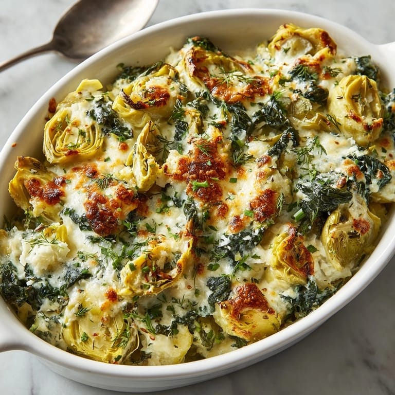 Creamy, cheesy dill pickle spinach artichoke bake, rich with dill, ready to serve with veggie sticks.