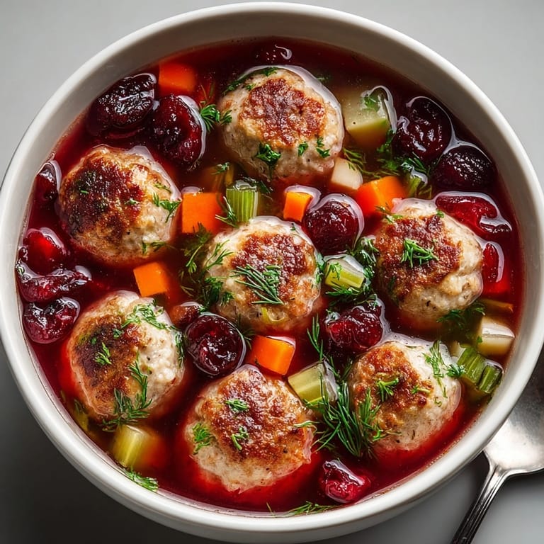 A close-up shows the comforting, flavorful Cherry-Coded Sour Cherry Turkey Meatball Soup after cooking.