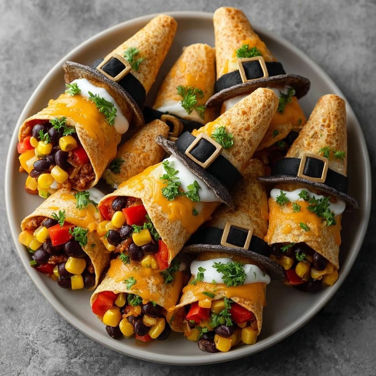 Festive Halloween Witch Hat Tortilla Wraps, expertly filled and topped with olive "buckles" for guests.