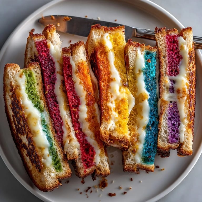 Enjoy this Chaos-Style Funky Colored Grilled Cheese: A close-up shows melted, rainbow cheese perfect for a fun snack.