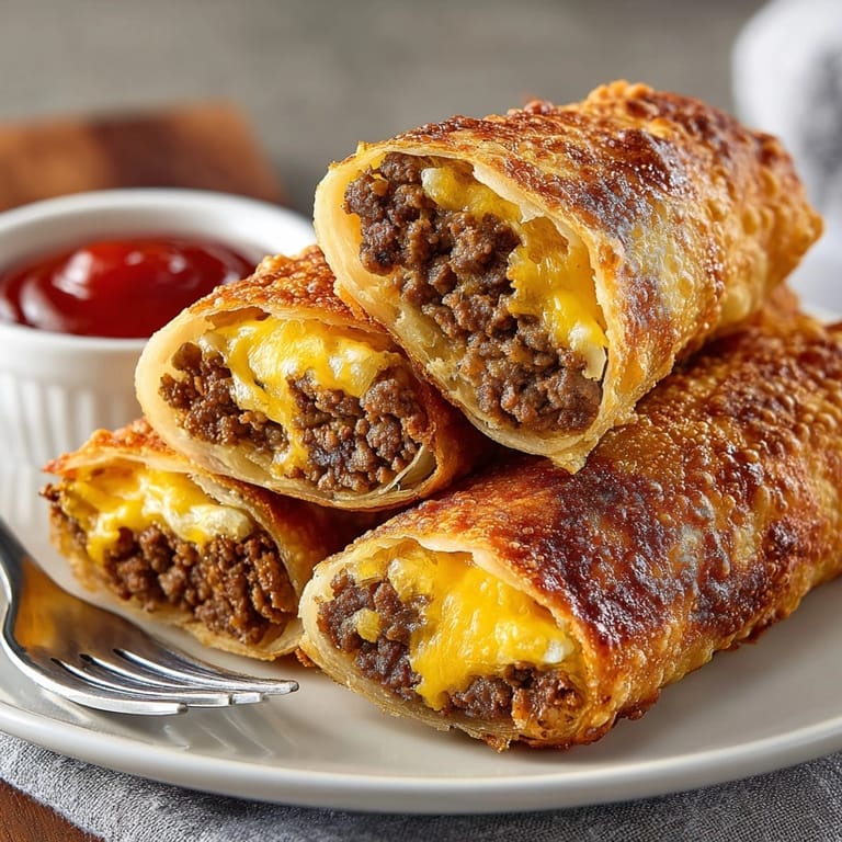 Crispy and delicious, these Cheeseburger Egg Rolls are served with a tangy, flavorful dipping sauce.
