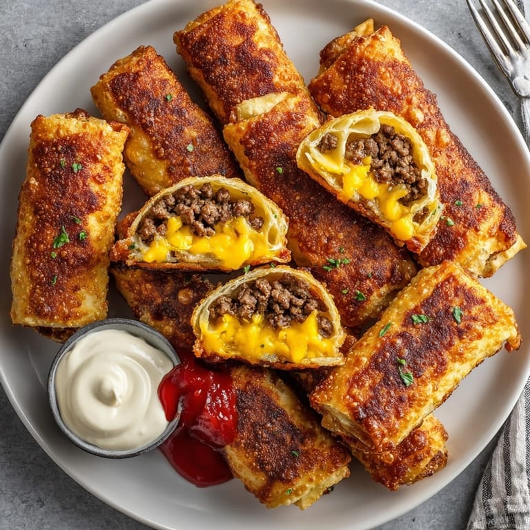 Imagine the satisfying crunch: hot Cheeseburger Egg Rolls with melted cheese, ready to be enjoyed.