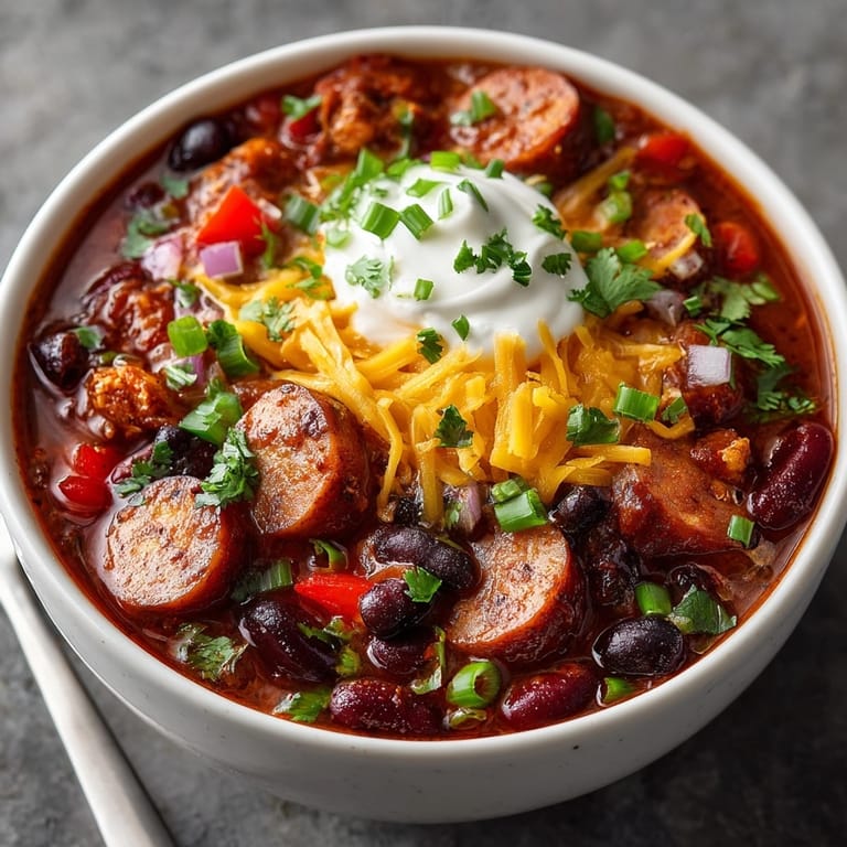 Close-up of rich, red Sausage and Bean Chili, showcasing chunky textures and savory sausage slices.