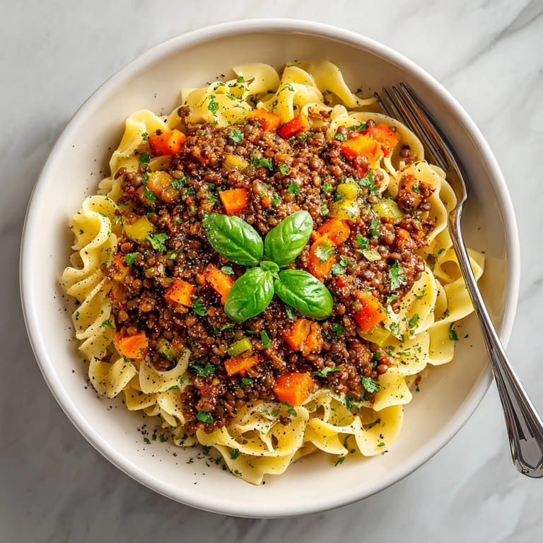 Dark, rich Lentil Bolognese simmering in a pot, ready to be served with fresh herbs and hearty pasta.