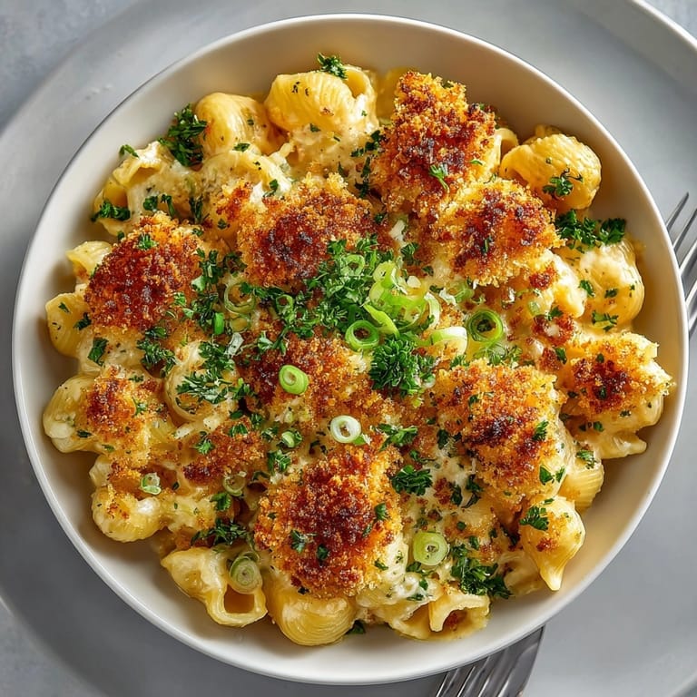 A close-up of bubbling Katsu Curry Mac and Cheese, showing textures of creamy pasta and crunchy topping.