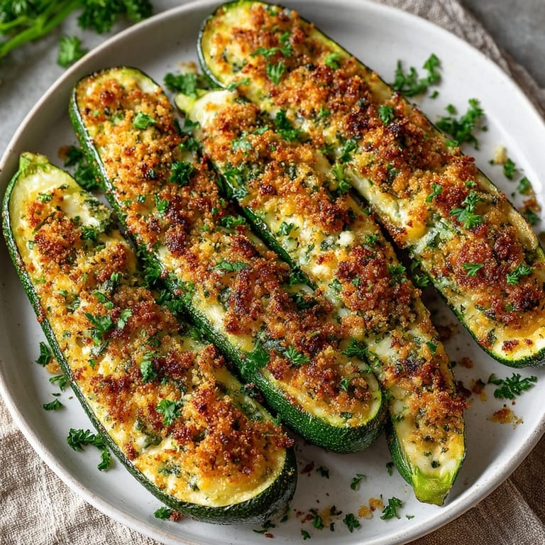 Close-up of Stuffed Cheese Zucchini Boats showing melty cheese filling inside tender zucchini.