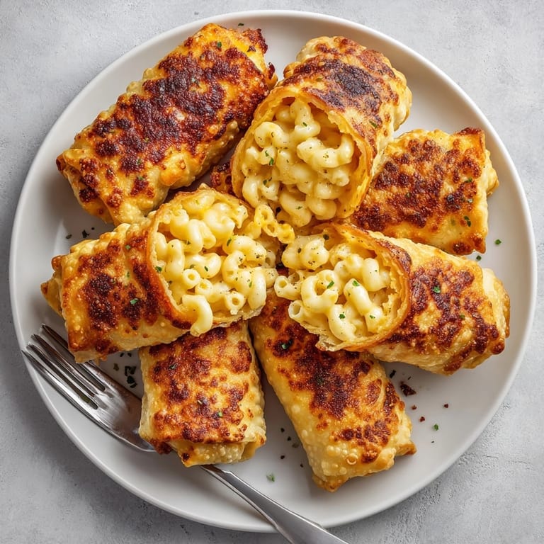 Plated Mac and Cheese Egg Rolls featuring creamy filling bursting from flaky, crunchy shells, ideal appetizer style.