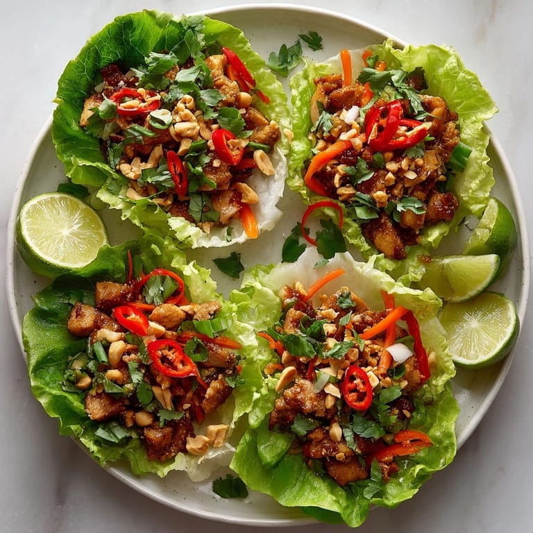 Thai Basil Chicken Lettuce Wraps with Peanuts served on crisp lettuce leaves with vibrant Thai herbs and lime wedges