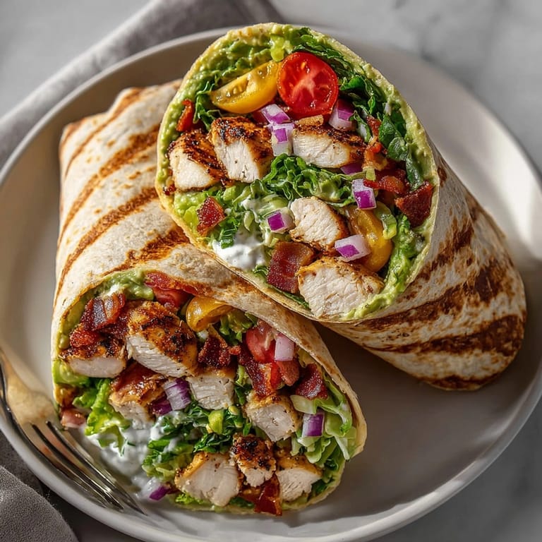 Freshly made Avocado Ranch Chicken Wrap with Bacon on a plate, ranch dressing drizzled inside and crispy bacon peeking out.