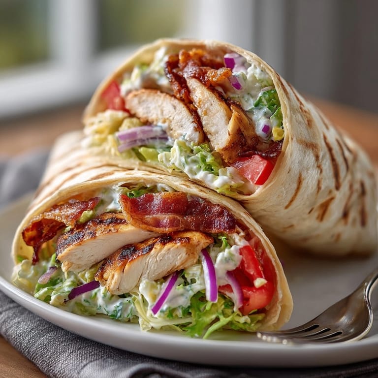 Lunch scene featuring Avocado Ranch Chicken Wrap with Bacon, filled with grilled chicken, smoky bacon, and ripe avocado.