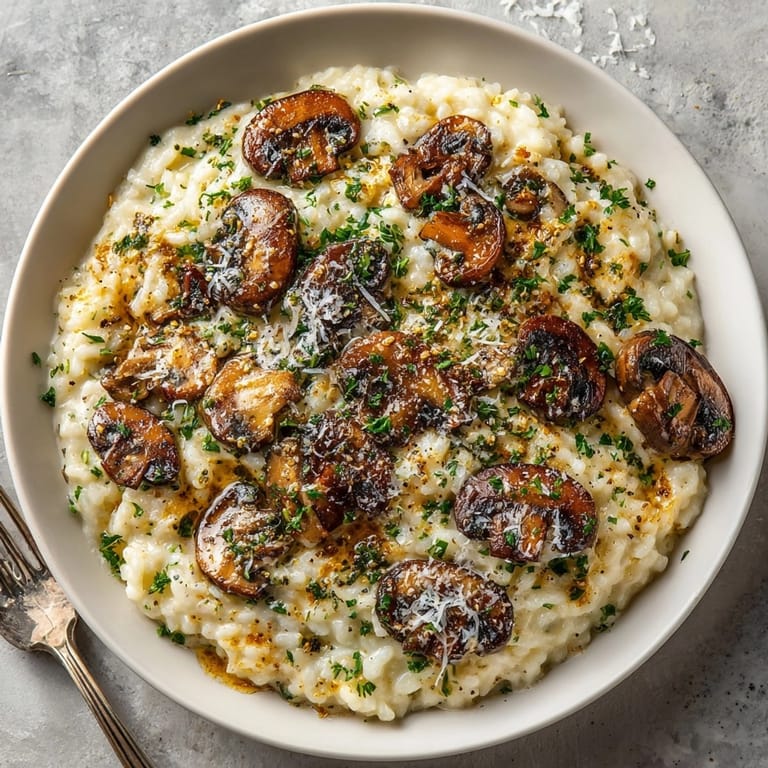 Close-up of creamy mushroom risotto, garnished with fresh herbs and a buttery, velvety finish.