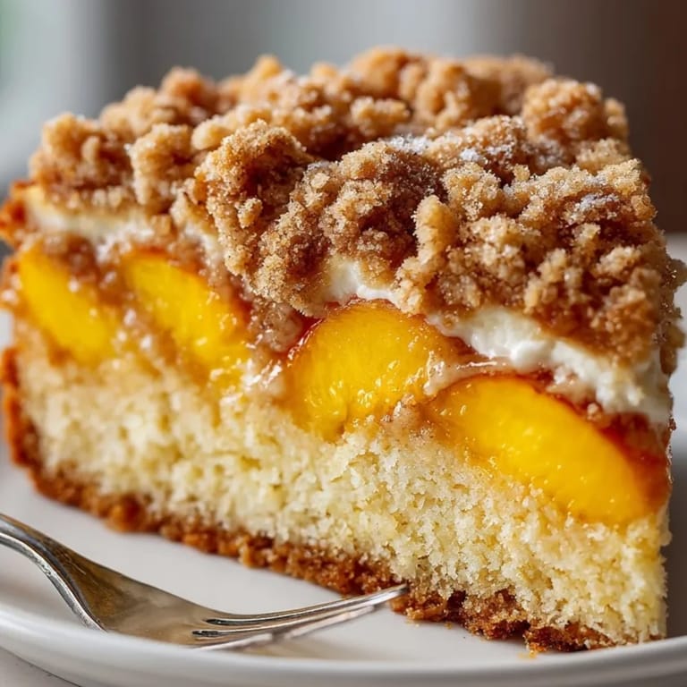 Fresh-baked Southern Peach Crumb Cake served warm with crunchy topping and sweet peach aroma