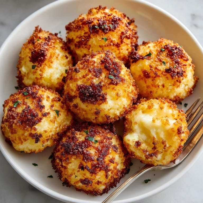 Close-up of Mashed Potato Cheese Puffs showing melted cheese and crunchy breadcrumb coating.