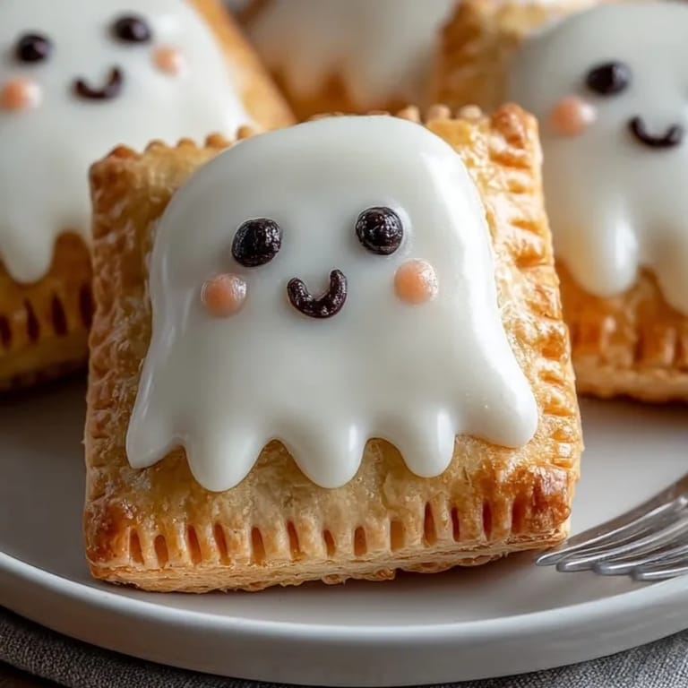 Iced and decorated Homemade Ghost Pop-Tarts ready to serve; strawberry jam filling visible.