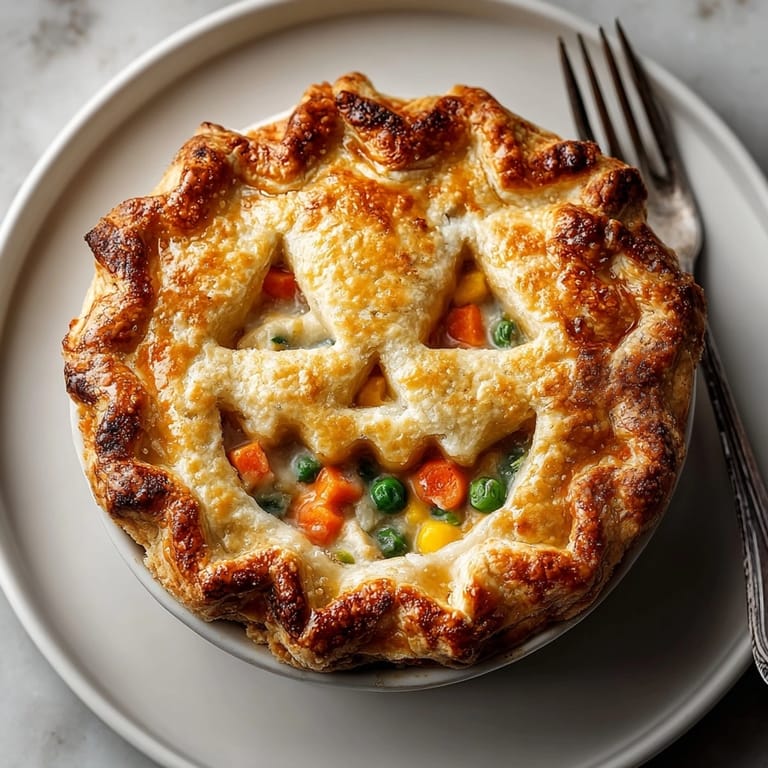Homemade Jack-o'-Lantern Pot Pie: Flaky, savory pie crust revealing creamy chicken and vegetables.