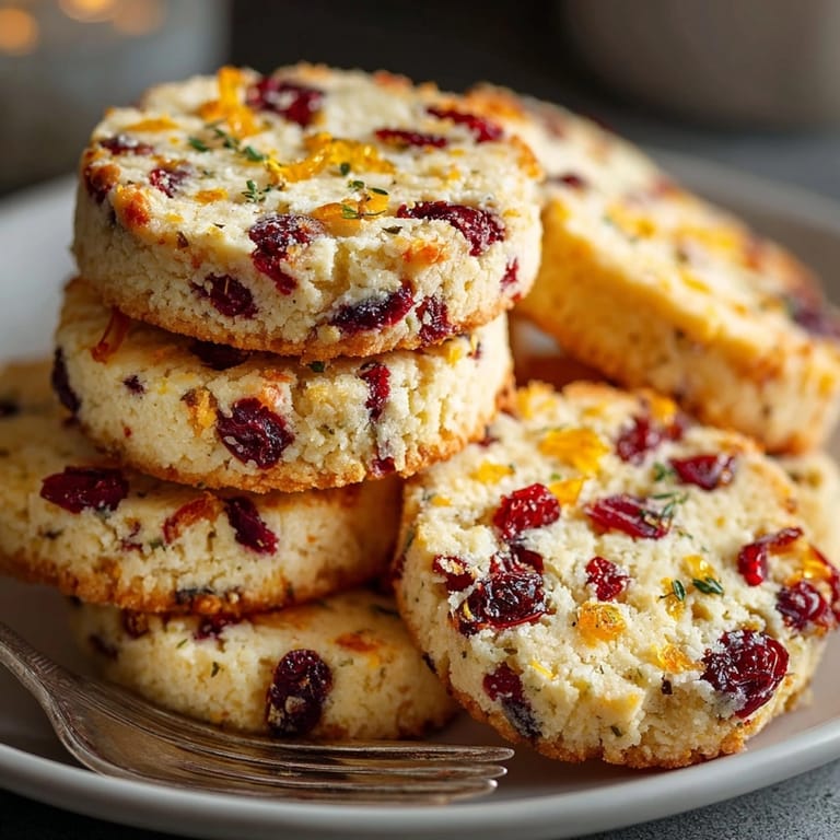 Christmas cookies: Stack of homemade Cranberry Orange Shortbread Cookies, festive and delicious.