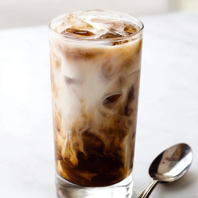 Refreshing tall glass of Thai Iced Coffee featuring distinct layers of coffee and cream.