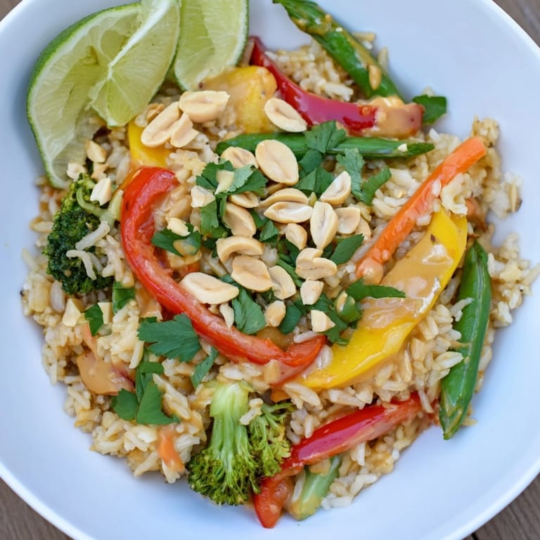 A flavorful Thai Peanut Veggie Stir-Fry Rice recipe ready to savor with lime and cilantro.