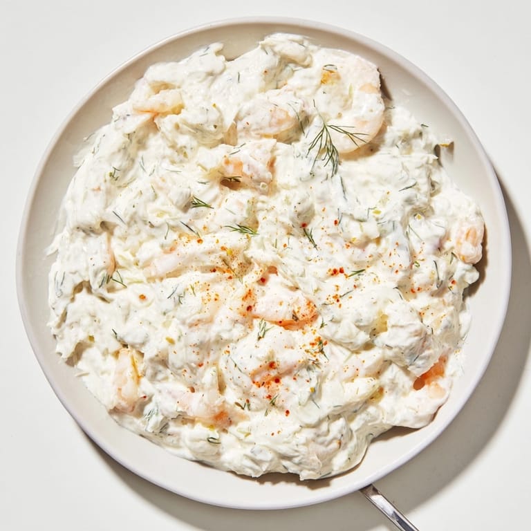 Tangy Shrimp Dill Yogurt Dip studded with pink shrimp, perfect with crunchy crackers.