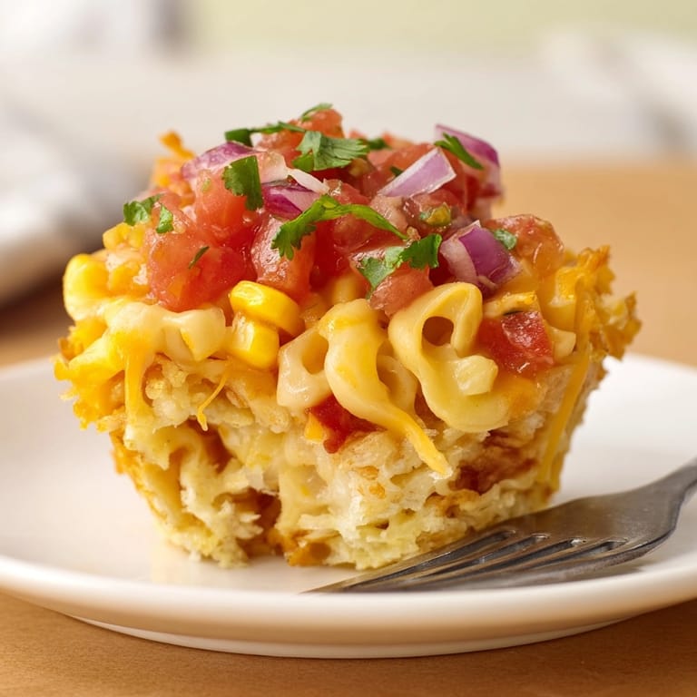 Savory Mac and Cheese Taco Egg Muffins fresh from the oven, topped with salsa and cilantro.