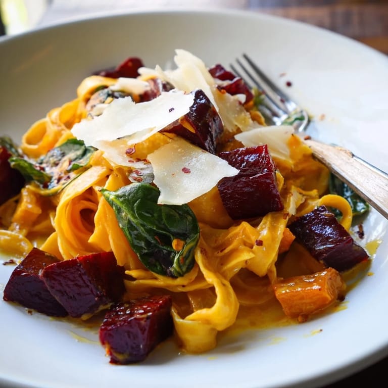 Satisfying pumpkin pasta dish showcasing roasted maple beets, ideal for fall gatherings.